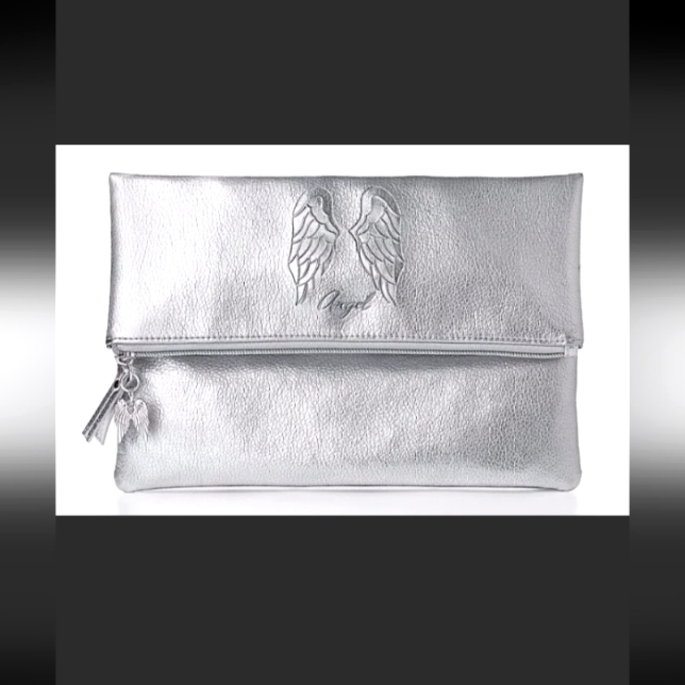 VICTORIA'S SECRET FOLDOVER SILVER ANGEL CLUTCH NEW WITH TAGS IN BAG